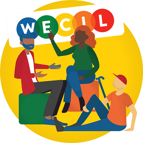 Graphic illustration of a diverse group of Disabled people next to WECIL sign
