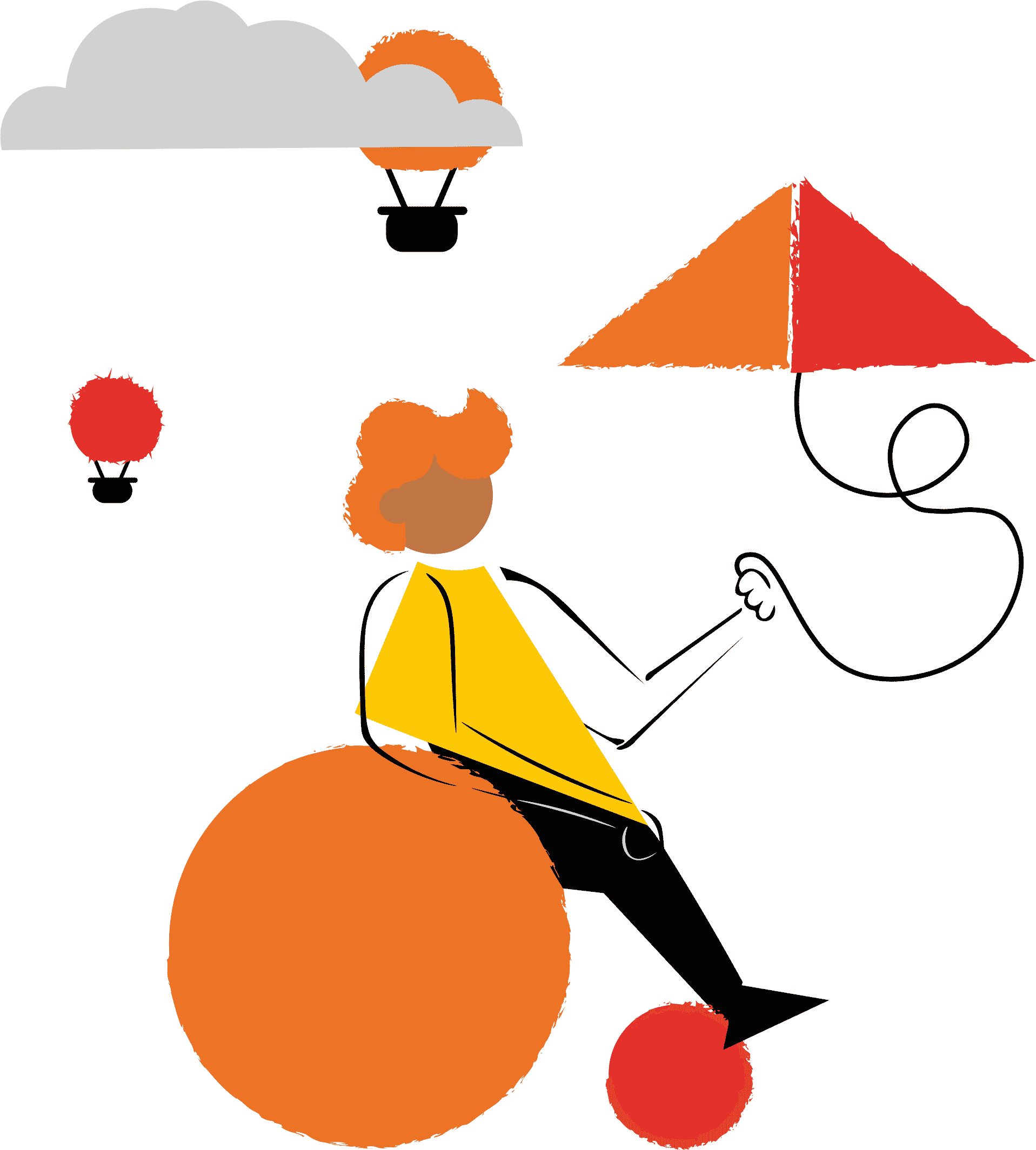 Playful illustration of boy flying a kite with clouds and hot air balloons in the sky