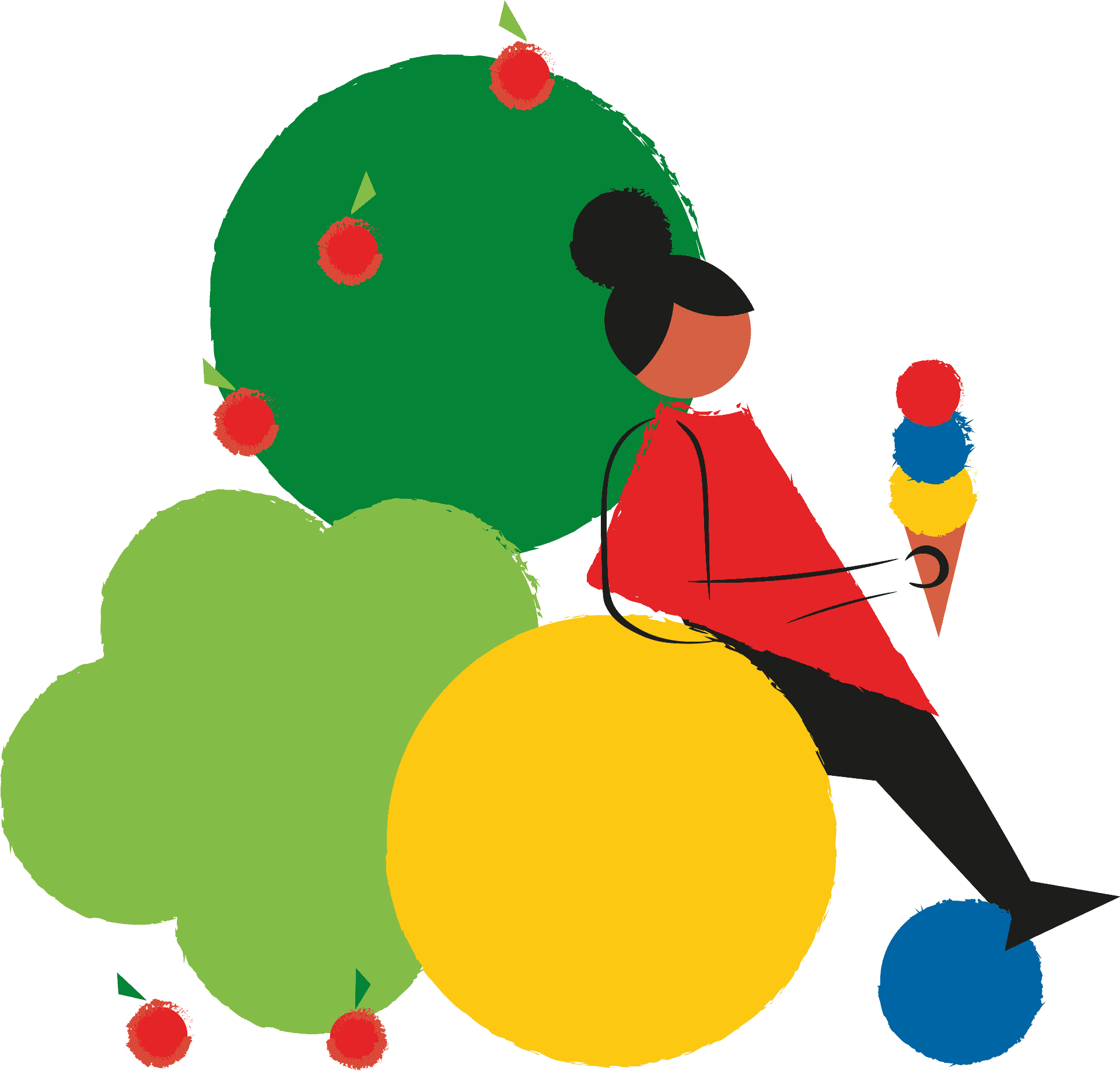 Playful illustration of girl with an ice cream in nature