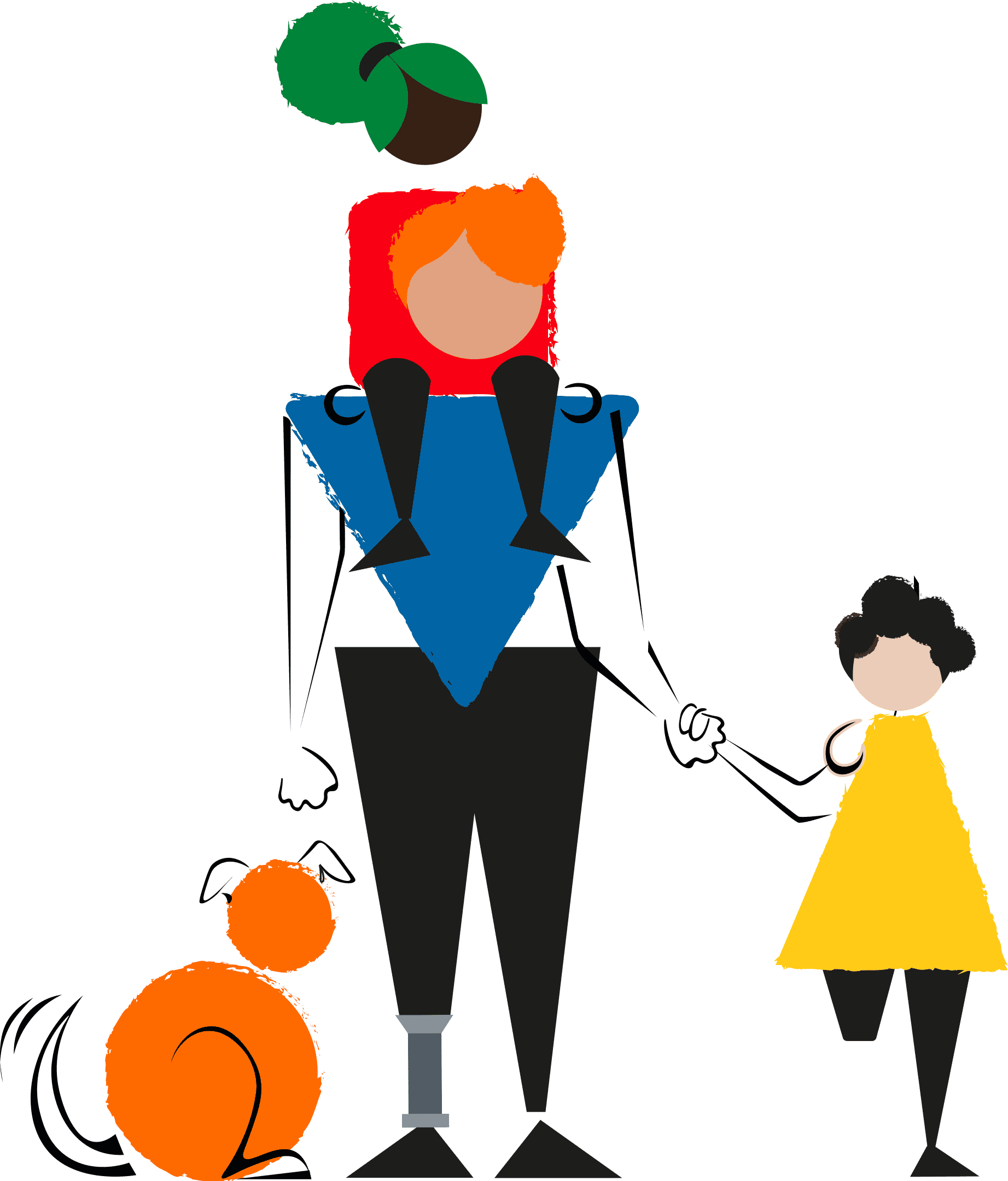 Playful illustration of a girl on the shoulders of an adult, holding the hand of a Disabled girl next to a dog