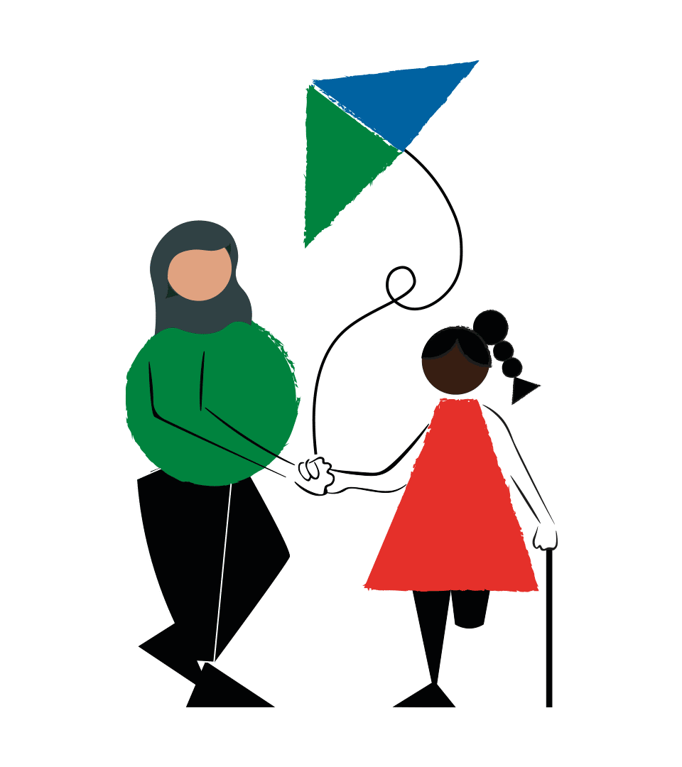 Playful illustration of a Disabled young girl flying a kite holding the hand of a woman