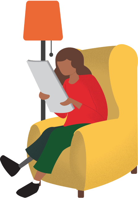 Graphic illustration of a Disabled girl in armchair reading the newspaper