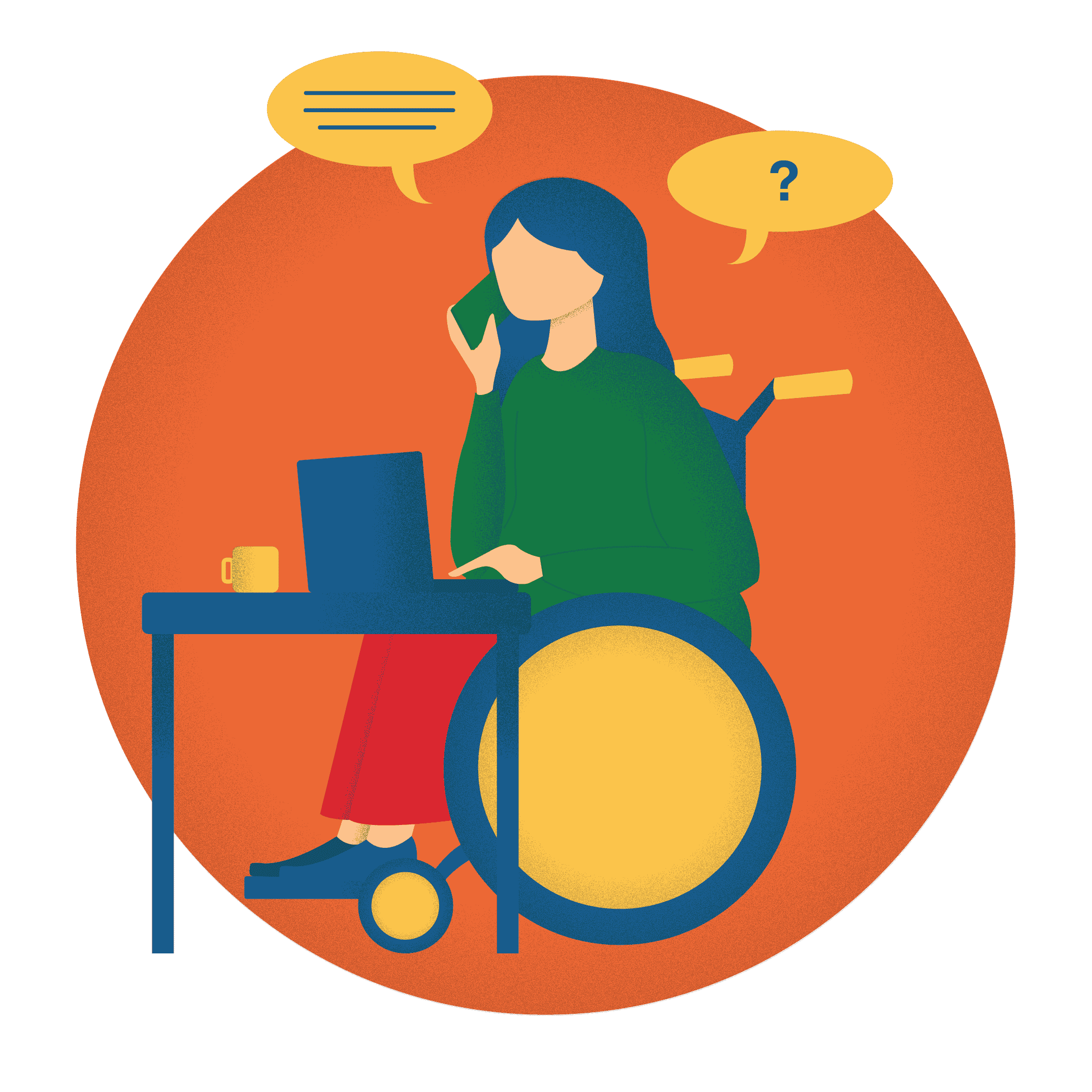 Graphic illustration of a girl in wheelchair speaking on the phone