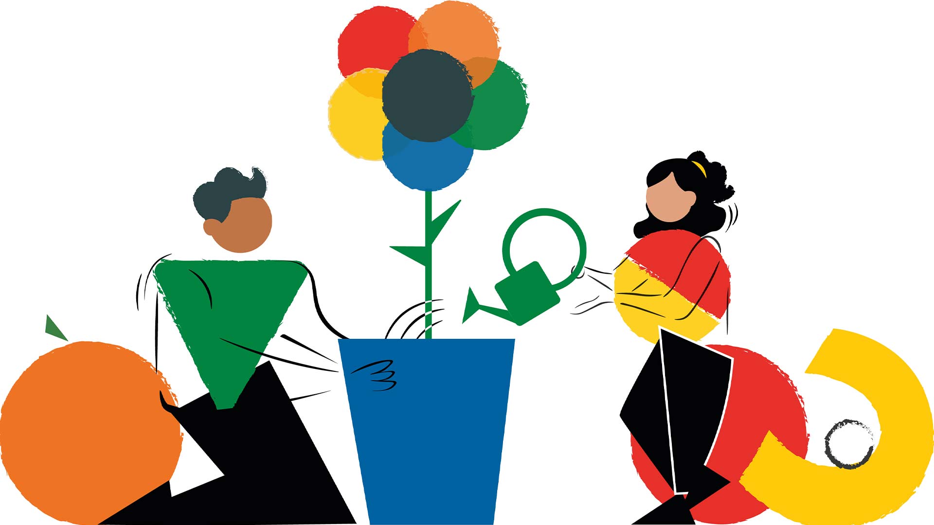 an illustration of two people watering a plant