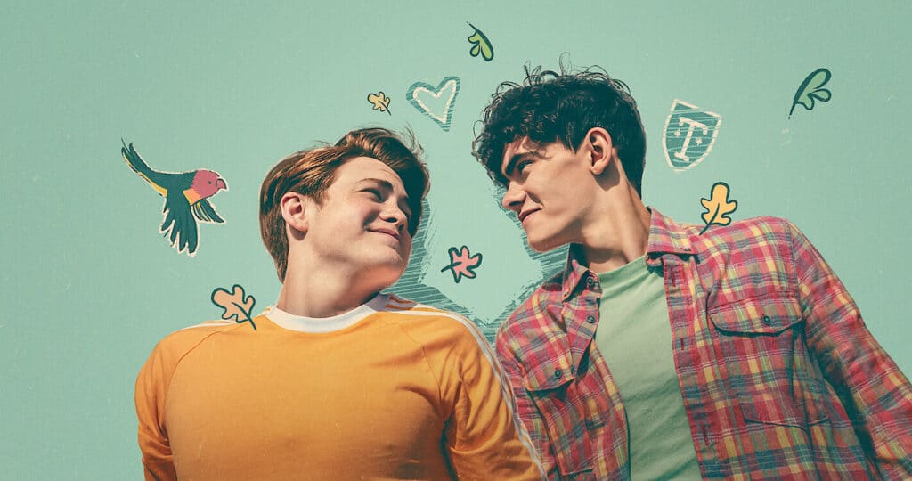 A still from the Netflix show Heartstoppers, two boys looking lovingly at each other