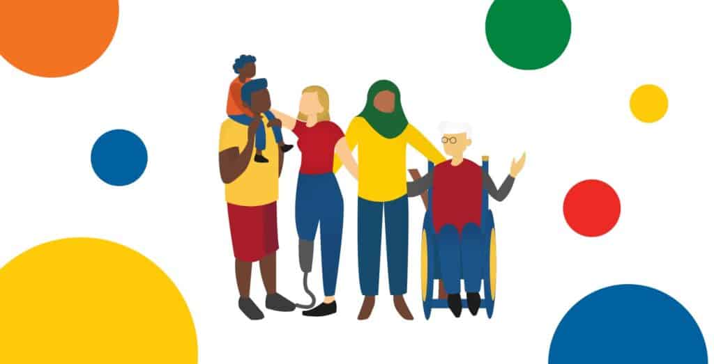 Illustration of a group of diverse people of different ages, ethnicities and Disabilities standing together. Surrounded by WECIL's multicoloured polka dots